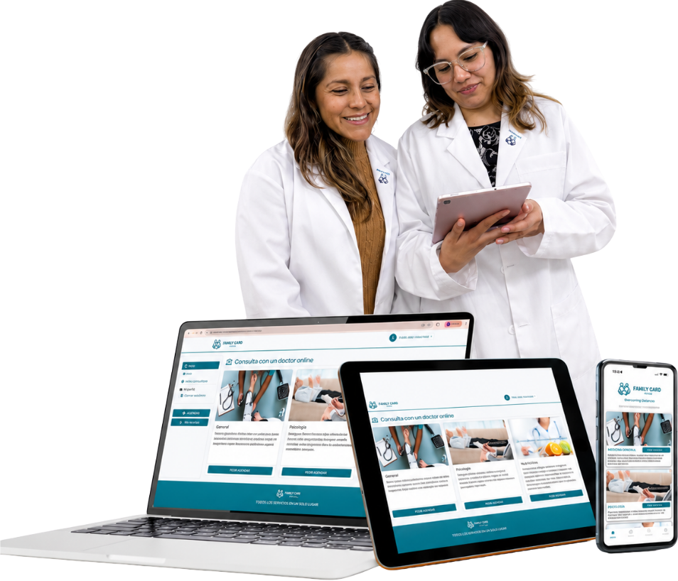 Equipo de Family Card Health con la plataforma de salud digital en laptop, tablet y celular