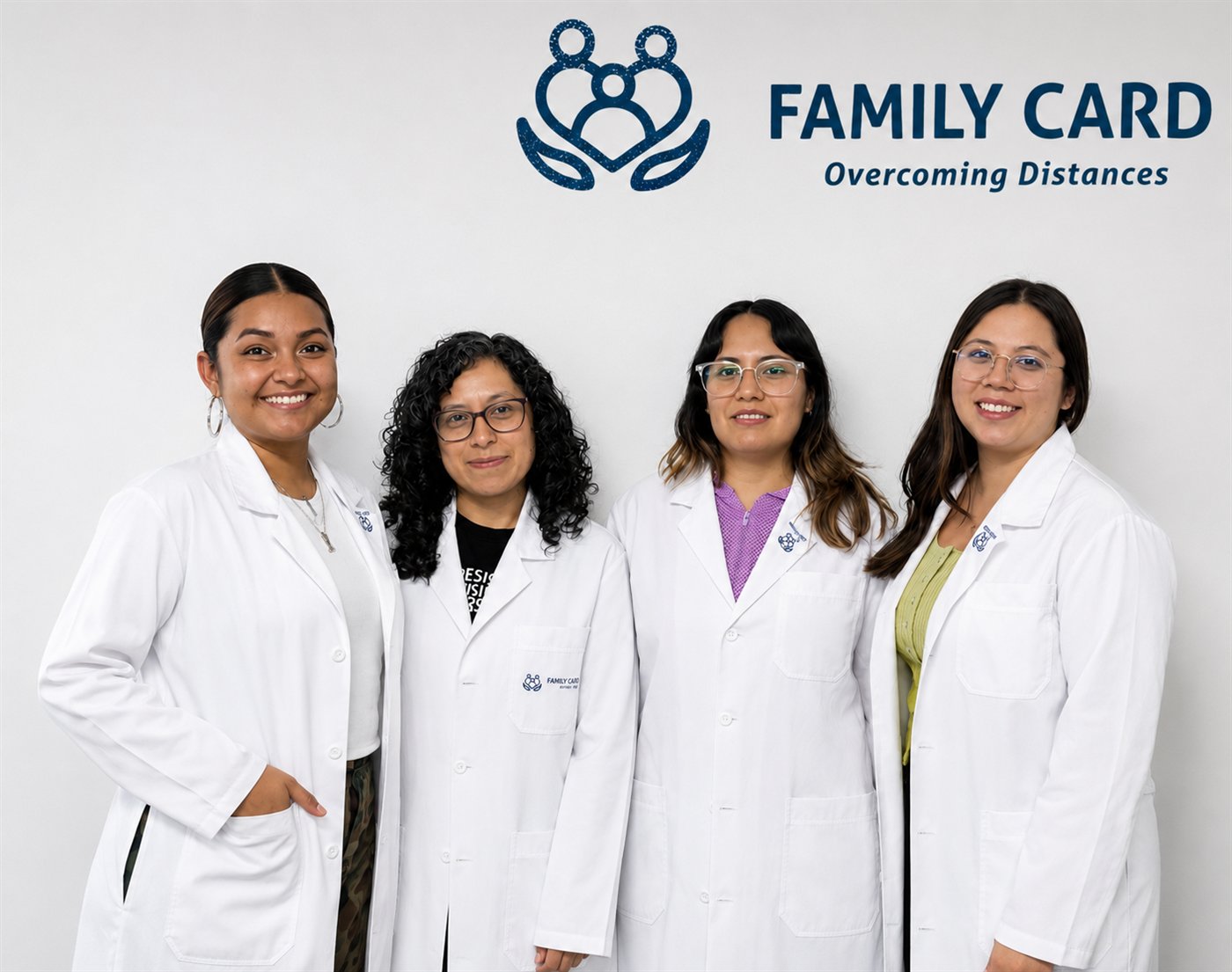 Equipo de Family Card Health frente al logotipo Overcoming Distances