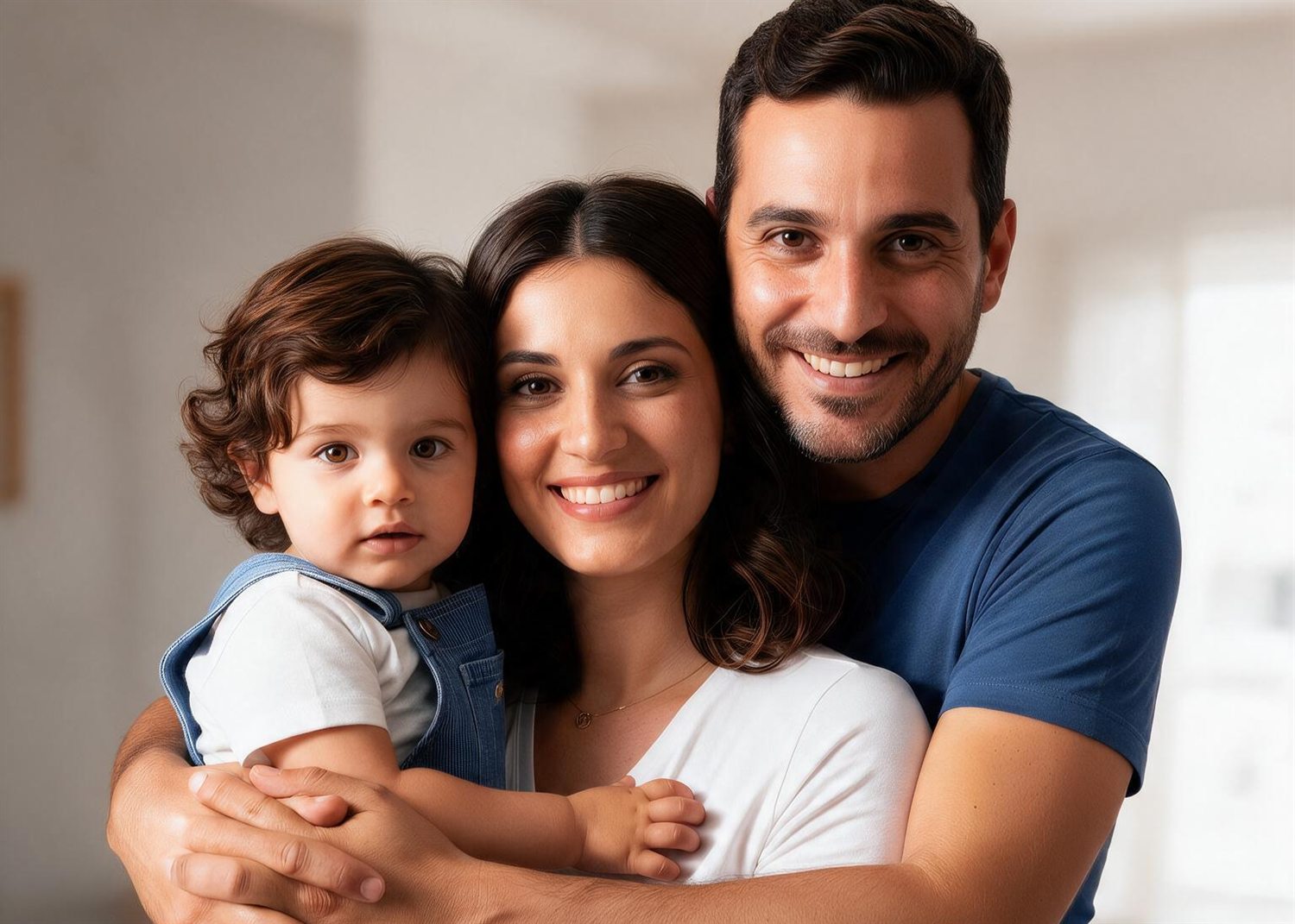 Familia sonriendo al aire libre: madre, padre y su hijo pequeño